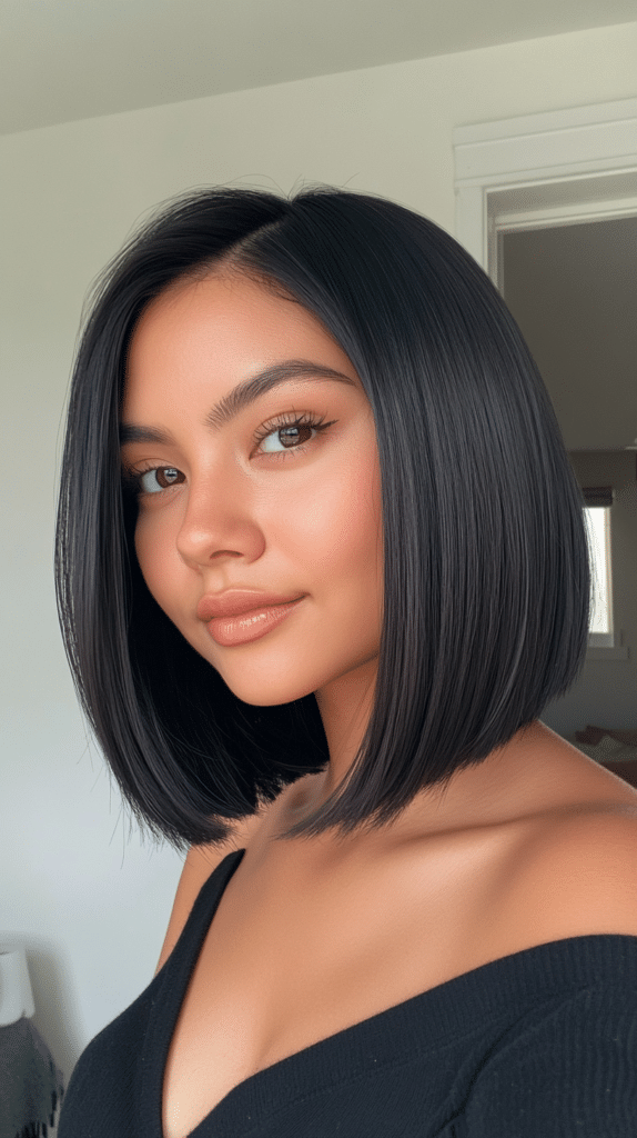 A chin-length bob in jet black with sleek, polished strands and a glassy shine.