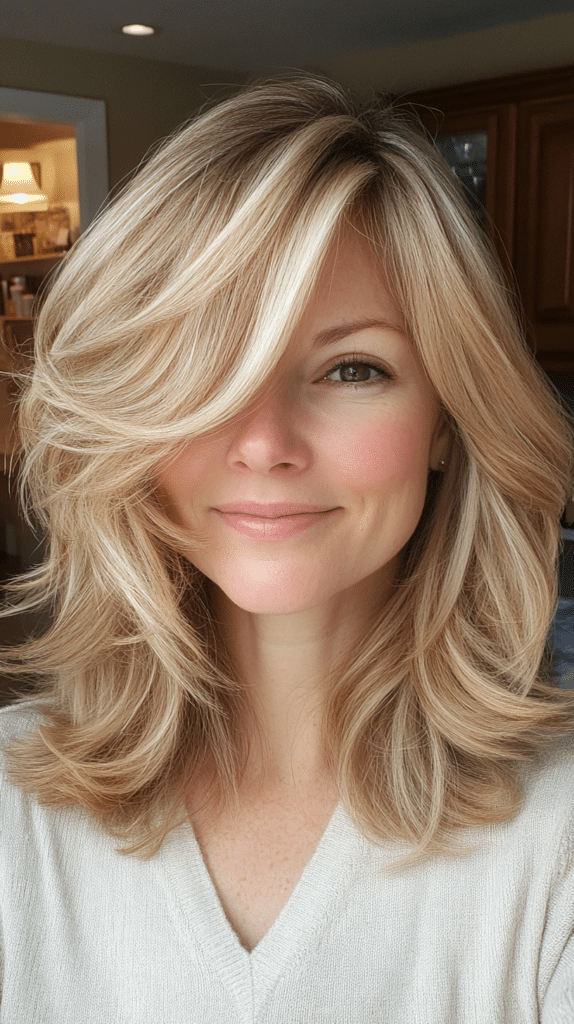 Woman with medium-length layered hair and swoopy side-swept bangs