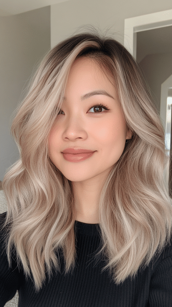 Sleek medium-length hair in light ash blonde with soft lowlights for added natural depth.