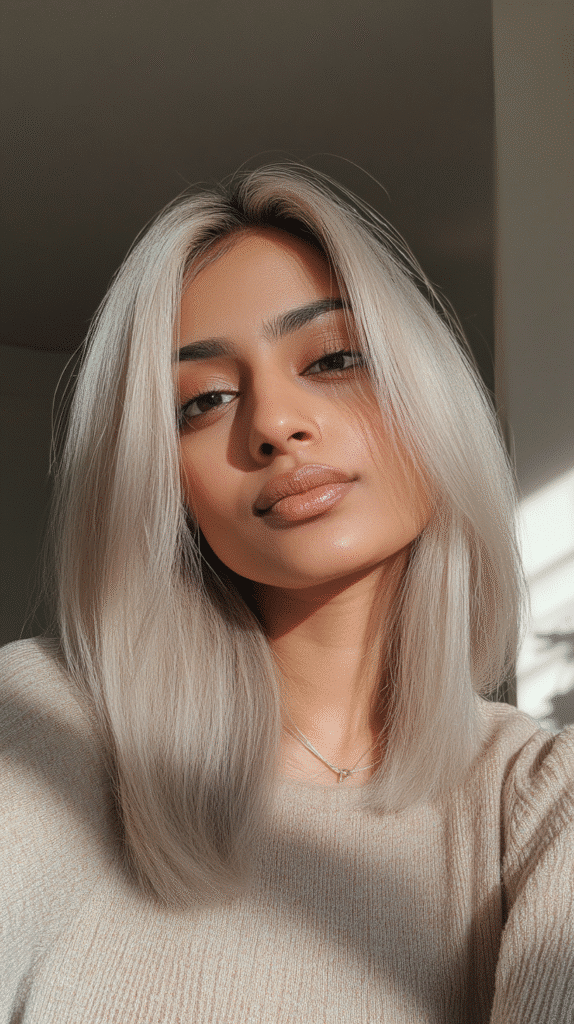 Mid-length straight pale blonde hair with soft brown smudged roots for natural contrast.