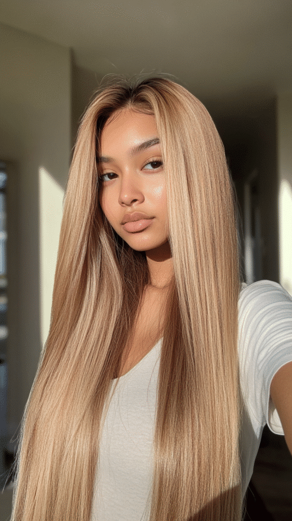 Long straight hair in light buttery blonde with a smudged darker root for a seamless look.