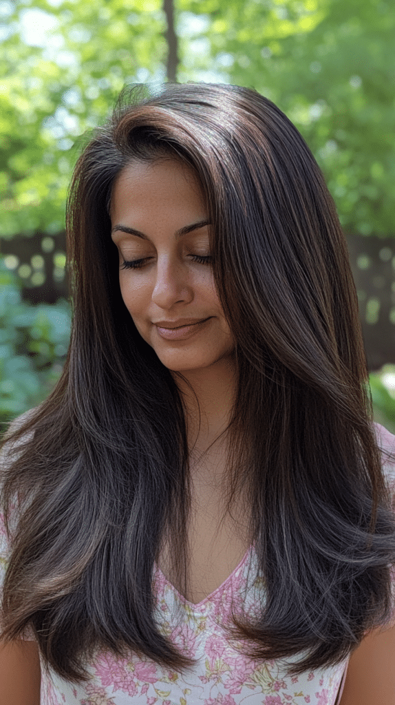 Woman with long straight hair and soft blended layers, parted down the middle