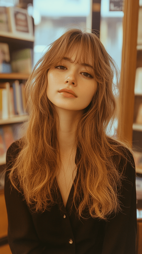 Woman with a long shag haircut featuring textured layers and curtain bangs