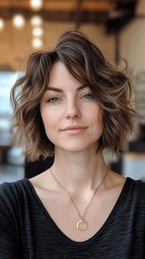 A dramatic bob with uneven, textured layers and a messy, intentionally undone look.