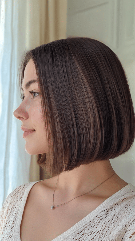 A simple chin-length bob with no layers, styled sleek with soft, natural shine.