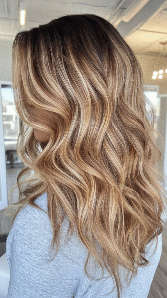 Long voluminous curls in multi-tonal warm blonde, blending honey, caramel, and beige tones.