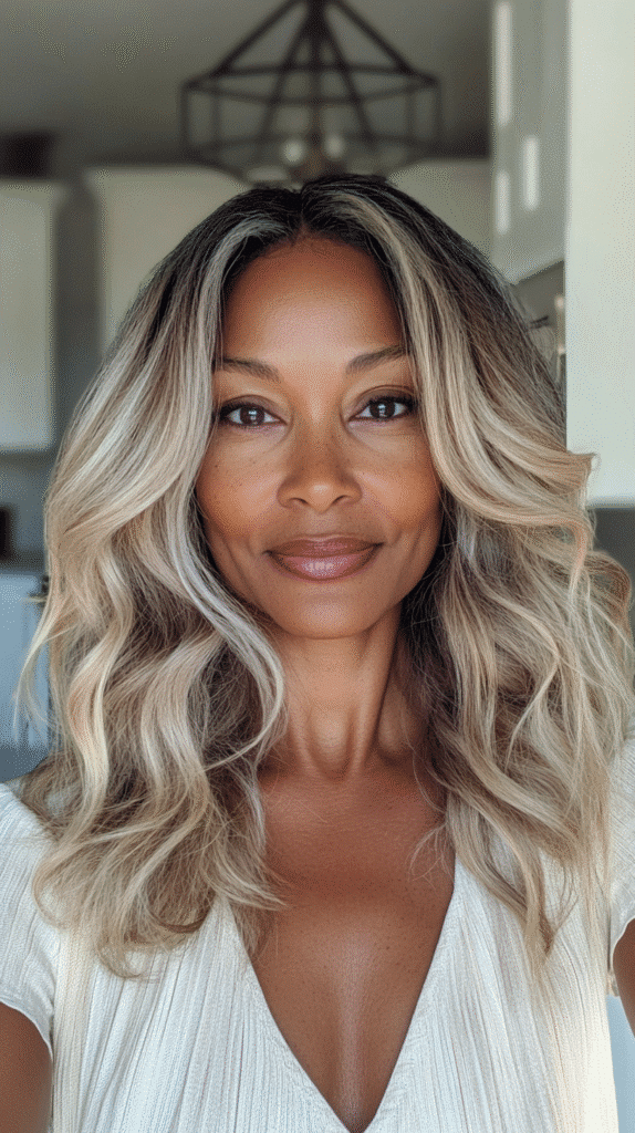 Shoulder-length hair in mushroom blonde with a cool-toned blend and smooth root-to-end transition.