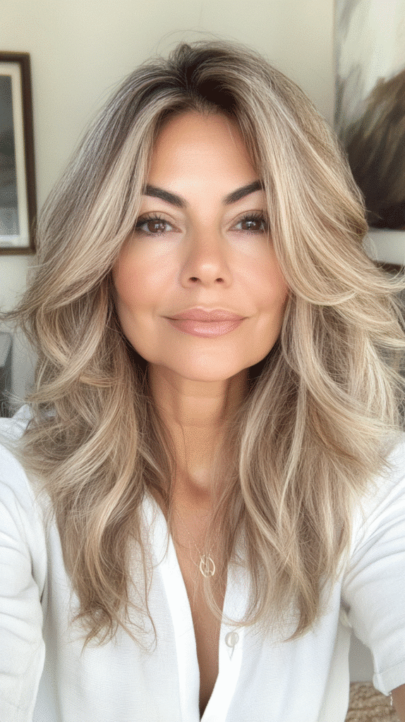 Tousled medium-length hair in a blend of warm and cool blonde tones for natural dimension.