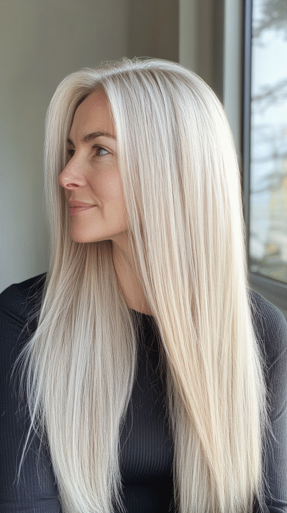 Long straight pearl blonde hair with a cool, soft tone and minimal toner for a natural result.