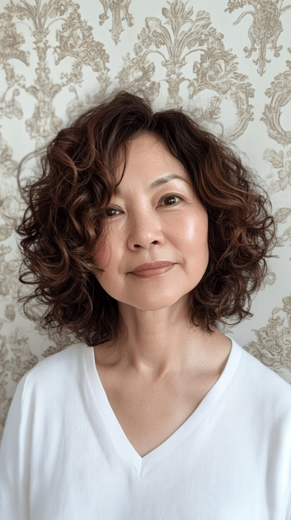 A chin-length bob with tight, even curls created with a perm for a retro-inspired look.