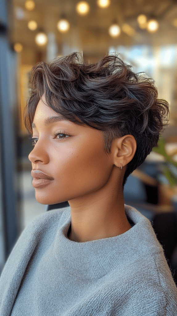 Woman with a pixie cut and side-swept bangs, hair cropped short on the sides and longer across the forehead