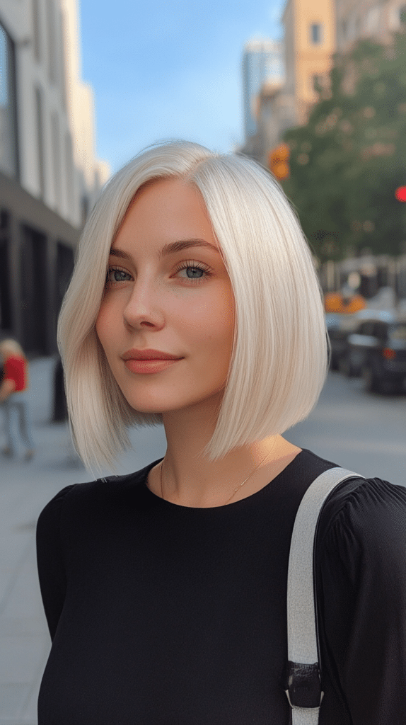 A clean, blunt chin-length bob in bright platinum blonde with a sleek, high-shine finish.