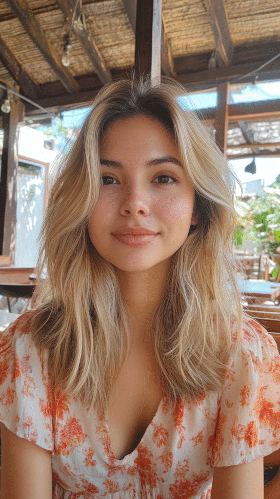 Shoulder-length hair with medium brown roots blended into golden blonde lengths.