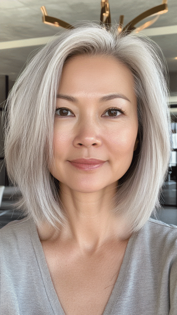 Chin-length bob in sandy beige blonde with blended tones for subtle depth and fullness.