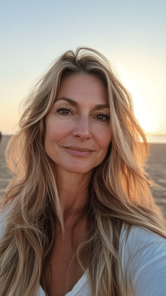 Medium-length layered hair with hand-painted sandy blonde highlights over darker roots for a sun-kissed look.