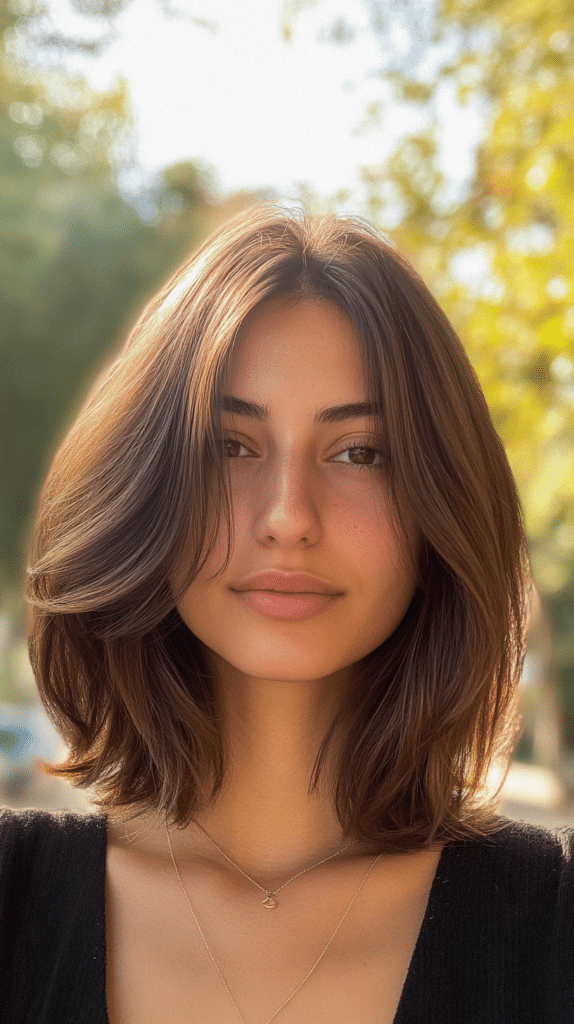 Woman with a shoulder-length lob and soft face-framing layers, parted slightly off-cente