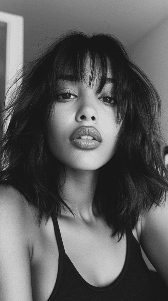 Woman with a shoulder-length shag haircut and soft wispy bangs above the eyebrows