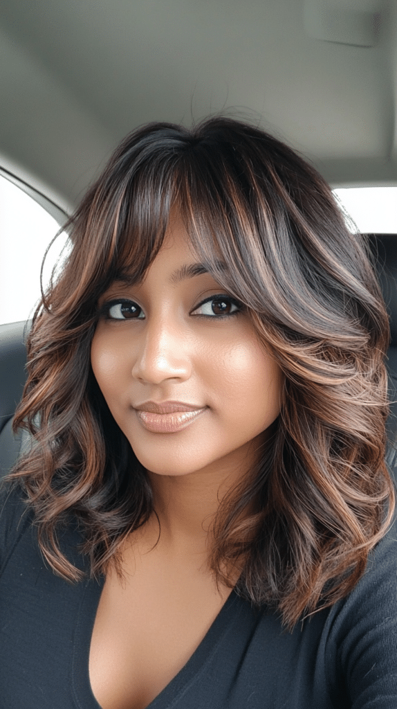 Woman with shoulder-length wavy hair and side bangs sweeping across the forehead

