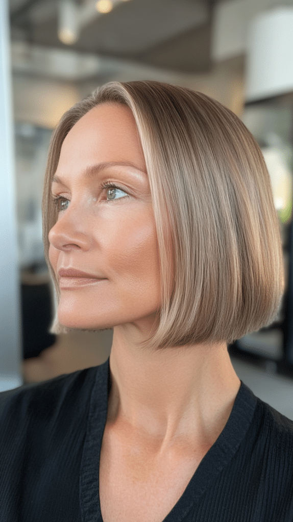 A smooth, glossy bob with blunt edges cut cleanly at chin length for a sharp, polished look.
