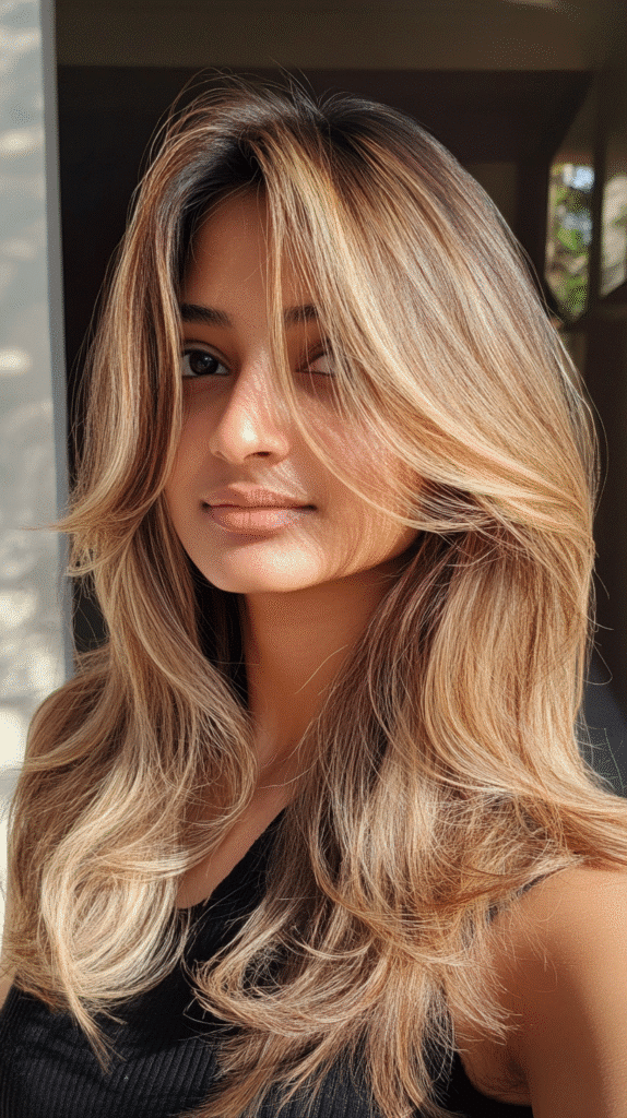 Layered hair in soft golden blonde with fine, feathery highlights near the face and crown.