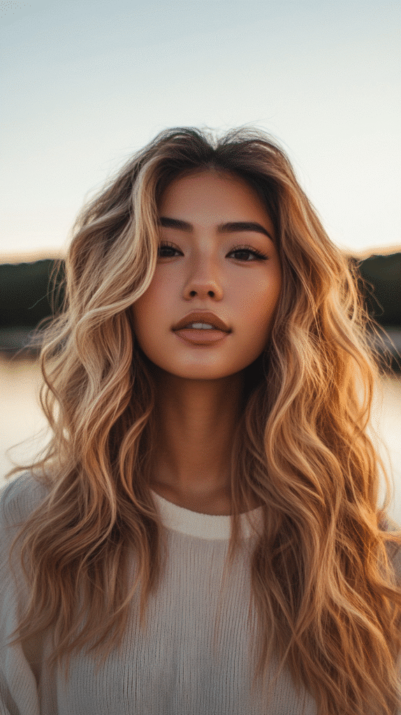 Long straight hair fading from a natural dark base into warm light blonde ends.
