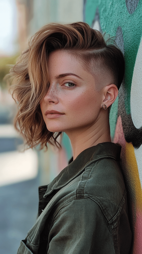 A bob with loose waves styled away from a shaved side for a bold contrast in texture.