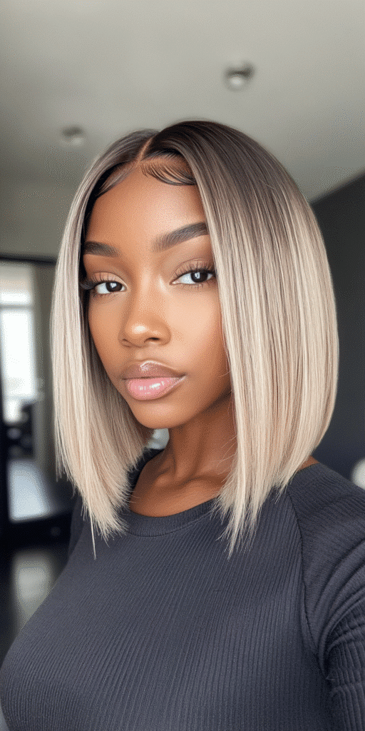 Chin-length straight bob with fine icy blonde highlights placed sparingly near the crown and face.