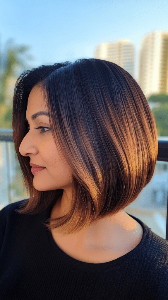 A softly blended ombre bob that fades from dark roots to warm ends, cut at the chin.