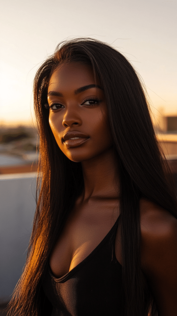 Woman with long straight hair tapered gradually toward the ends for a slimming effect