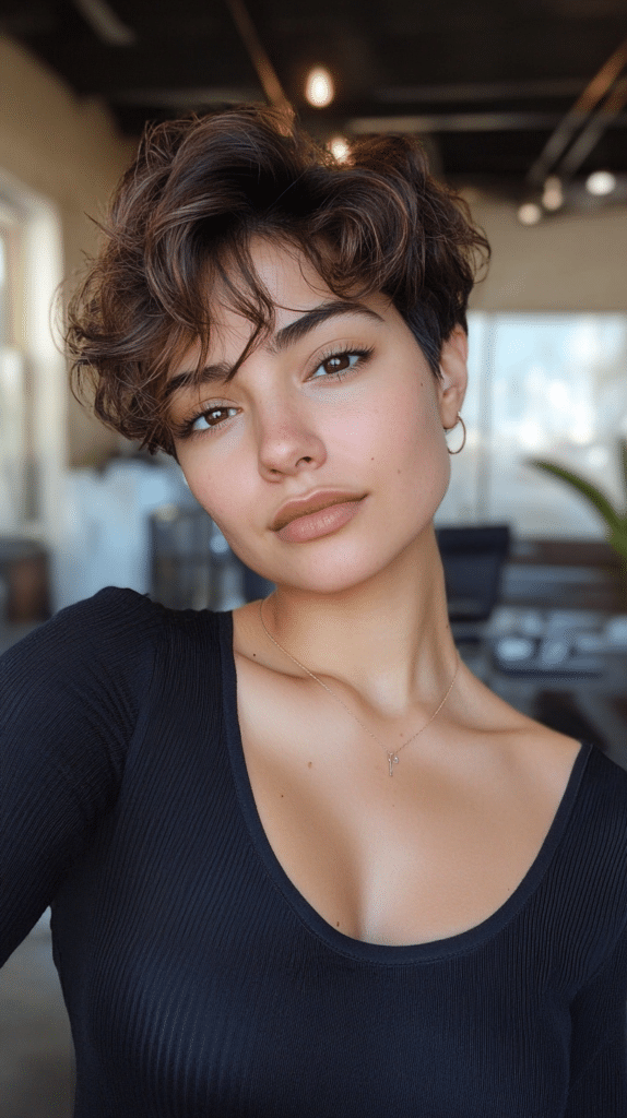 Woman with a textured crop haircut, short sides and tousled, voluminous top layers

