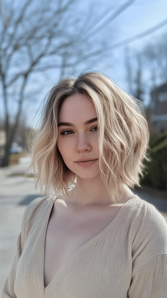 Woman with a textured lob and outward-flipping ends, styled in soft layers


