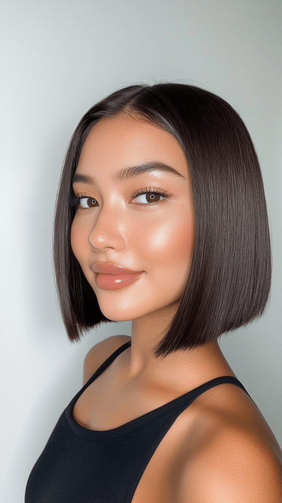 A pin-straight, glossy bob cut sharply at the chin for a high-fashion finish.
