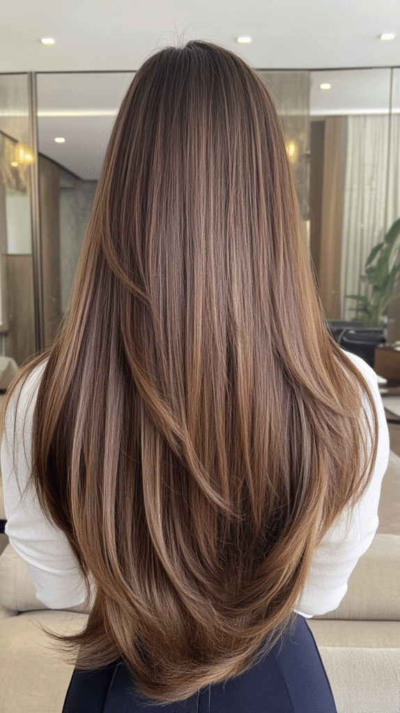 Woman with long straight hair cut in a V-shape at the back with subtle layering