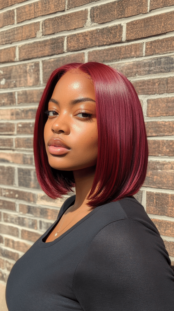 A shiny, straight bob cut at chin level in a vibrant red shade for a bold look.
