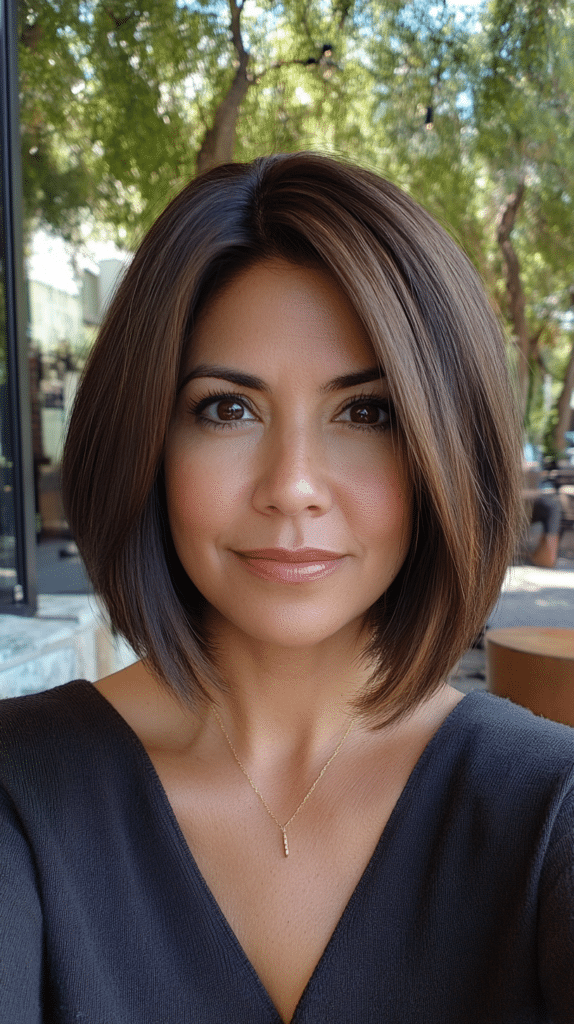 A rounded chin-length bob with smooth volume, ideal for thick hair with minimal layering.