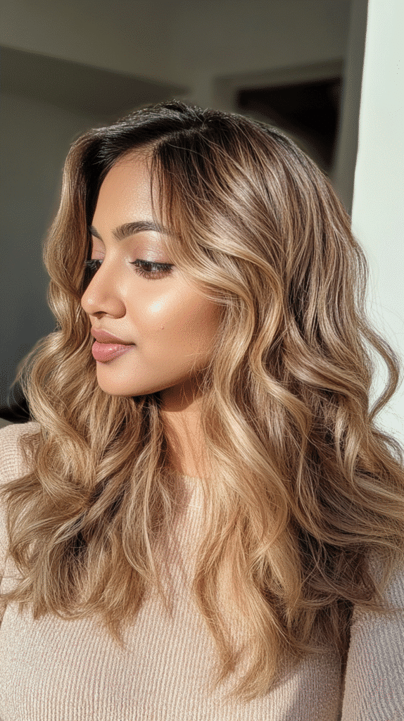 Shoulder-length curled hair in warm butterscotch blonde, blending golden blonde and light brown tones.