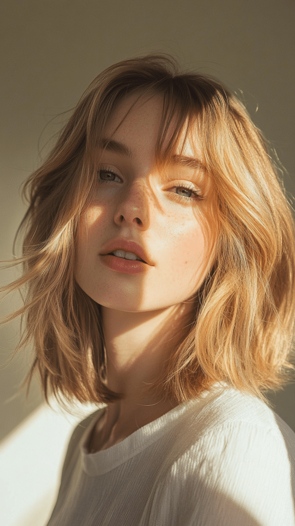 Woman with a chin-length bob styled in loose waves and curtain bangs parted in the middle