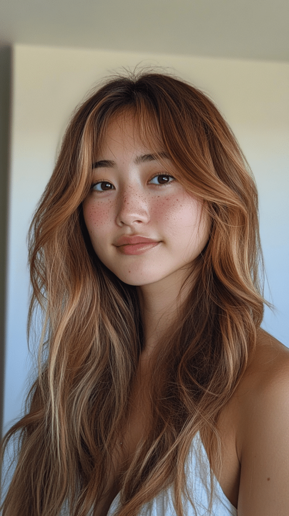 Woman with long layered hair and delicate wispy bangs resting lightly on the forehead