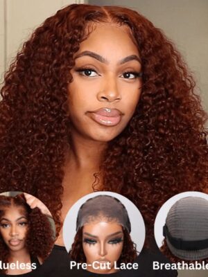 a6d2d0c0-dc97-4a94-82cc-a0ae4877f36d Sunber Reddish Brown Jerry Curly Pre Cut Glueless Lace Wig Human Hair Wigs Flash Sale - 24 / 6x4.75 Pre-Cut Lace
