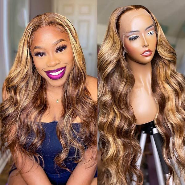 ab5afb73021d7a1cb45b0e41f63bcb55 Honey Blonde Highlight Glueless Wig Body Wave 4x4 Closure Lace Front Wigs 100% Virgin Human Hair Wigs - 4x4 Lace / 16inch