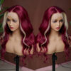 Blond With Burgundy Highlights Color 13x4 Transparent Lace Pre-plucked Human Hair Wigs - No / 180% / 18inch