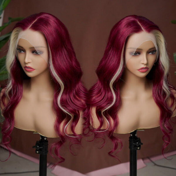 Blond With Burgundy Highlights Color 13x4 Transparent Lace Pre-plucked Human Hair Wigs - No / 180% / 18inch