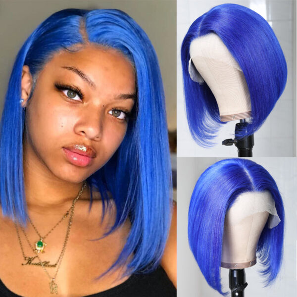 Sunber Beautiful Blue Bob Wigs Human Hair Lace Front Wigs Pre Plucked 13×4 Swiss Lace Wig 150% Density - 8inch / 150% / 13*4
