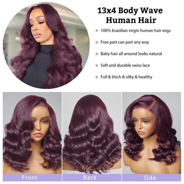 body9 New Color Deep Purple Color Glueless 180% Density Body Wave wig 13x4 Transparent Frontal HD Lace Wig - 4x4 Lace / 180% / 18inch