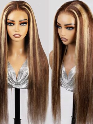ebc2ae50d73440dd64a4b259aa10eadc_2704f8c7-f340-4d4d-a367-e03b8589a27b Glueless Tiny Knot Transparent Lace 7x4 Lace Black Straight Wig With Bleached Knots - Highlight Color / 22 inch