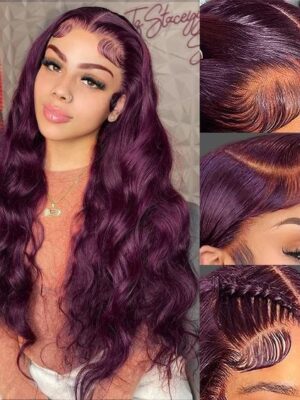 f6f3dd56444b50a5a976f6f6d2d9edc9 New Color Deep Purple Color Body Wave Wig Transparent Frontal HD Lace Wig 180% Density Hair Wig - 13x4 Lace / Yes( +.00 ) / 24inch