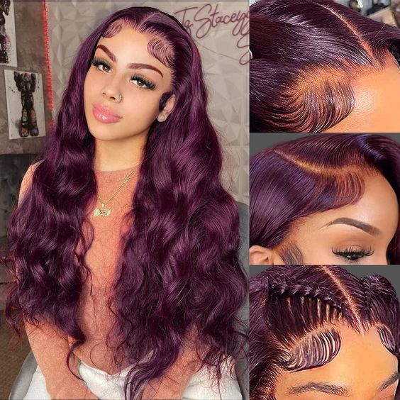 f6f3dd56444b50a5a976f6f6d2d9edc9 New Color Deep Purple Color Body Wave Wig Transparent Frontal HD Lace Wig 180% Density Hair Wig - 13x4 Lace / Yes( +.00 ) / 24inch