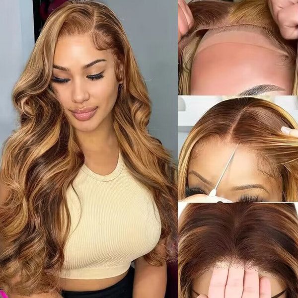 f86c7bd03fd47c2cfafb024694b0638d Honey Blonde Highlight Glueless Wig Body Wave 4x4 Closure Lace Front Wigs 100% Virgin Human Hair Wigs - 4x4 Lace / 16inch
