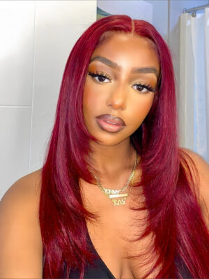 Pre-Cut Lace Wear Go Glueless Wig Burgundy Pure Color Straight Breathable - 5x5 Lace / 150% Density / 20 inch