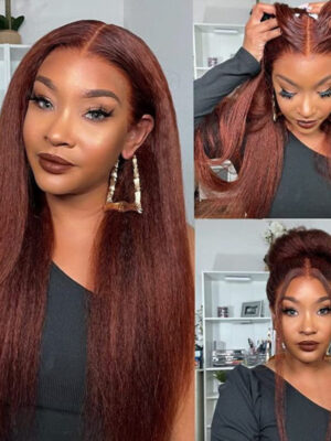 kinkystraightlacewig_b40954cd-9c4e-4494-b664-da9fe0f68642 Extra 70% OFF |Sunber Reddish Brown 13*4 Lace Front Wig Kinky Straight Dark Auburn Copper Color Human Hair Wigs - 13*4 Lace-Kinky Straight / 16